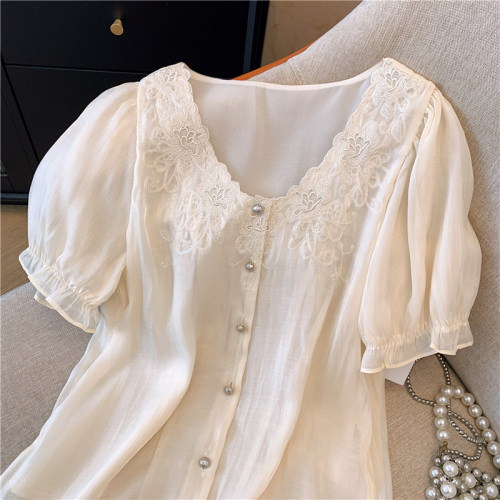 Real shot of fat girl plus size summer small fragrant style embroidered lace collar chiffon shirt imitation ice silk short-sleeved top fashionable small shirt