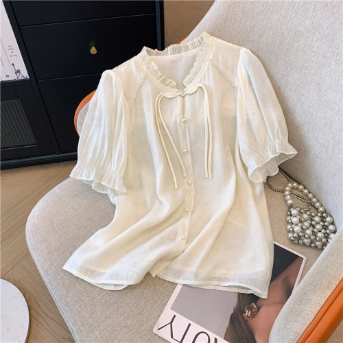 Real shot of fat girl summer new Chinese style button chiffon short-sleeved shirt design niche lotus leaf collar top