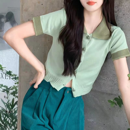 2024年韩版新款官图撞色娃娃领短款时尚甜辣妹宽松短袖开衫上衣女