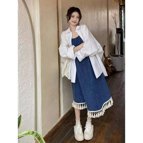 2024 new style Korean college style age-reducing temperament design tassel suspender skirt for women