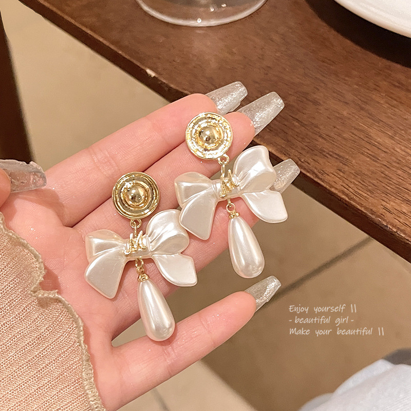 S925銀針法式高級感蝴蝶結珍珠耳環輕奢小眾優雅氣質耳釘網紅耳飾