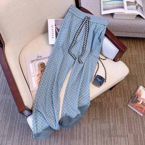 Ice silk wide leg pants for women summer thin straight leg loose 2024 new high waist drape small casual plaid pants