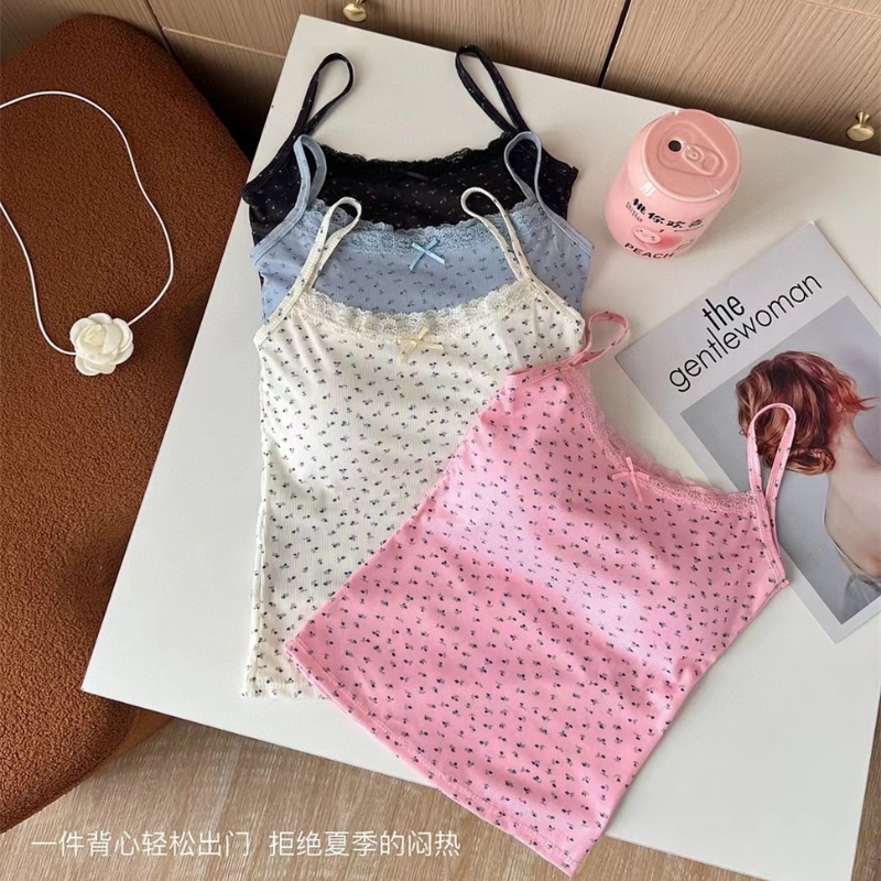 2024 spring new style ice silk pure desire girl BM style lace inner with floral small suspender top