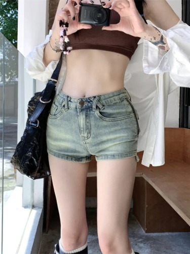 Side zipper design niche high-waisted retro denim shorts for women summer new hot girl tight hip a-line hot pants