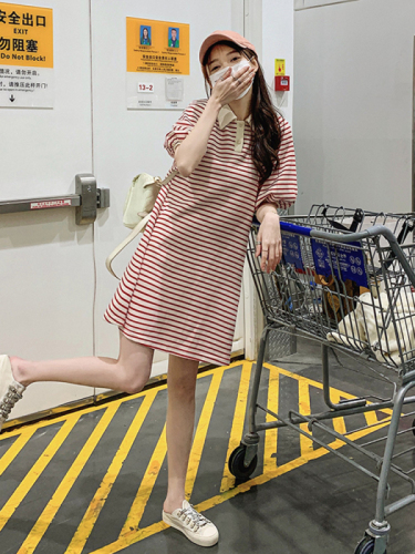 韩系小个子休闲时尚泡泡袖显瘦红白条纹polo连衣裙女2024夏季新款