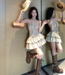 Real shot of Midsummer Story dress for women French style pure desire chic khaki high-grade tube top dress