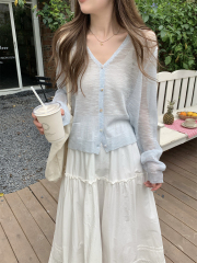 實拍 夏季韓版寬鬆百搭v領輕薄竹節麻防曬開衫針織上衣外搭