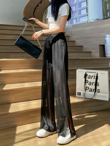 Ice silk wide-leg pants for women summer thin 2024 new loose air-conditioned pants slit casual pants mesh straight pants