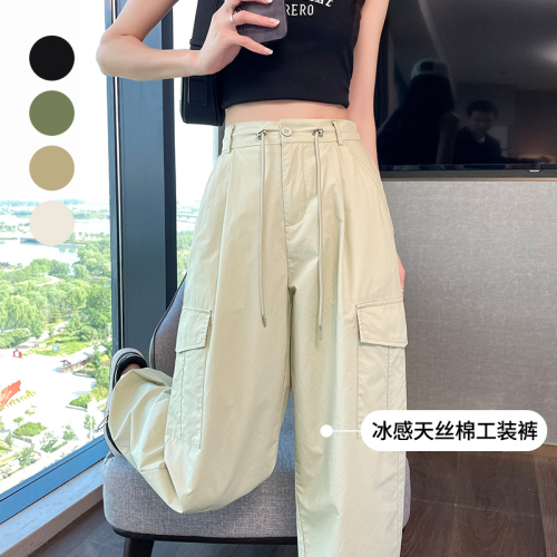 American high-street drawstring overalls for women in summer, high-waisted, slim, loose, straight, casual wide-legged trousers