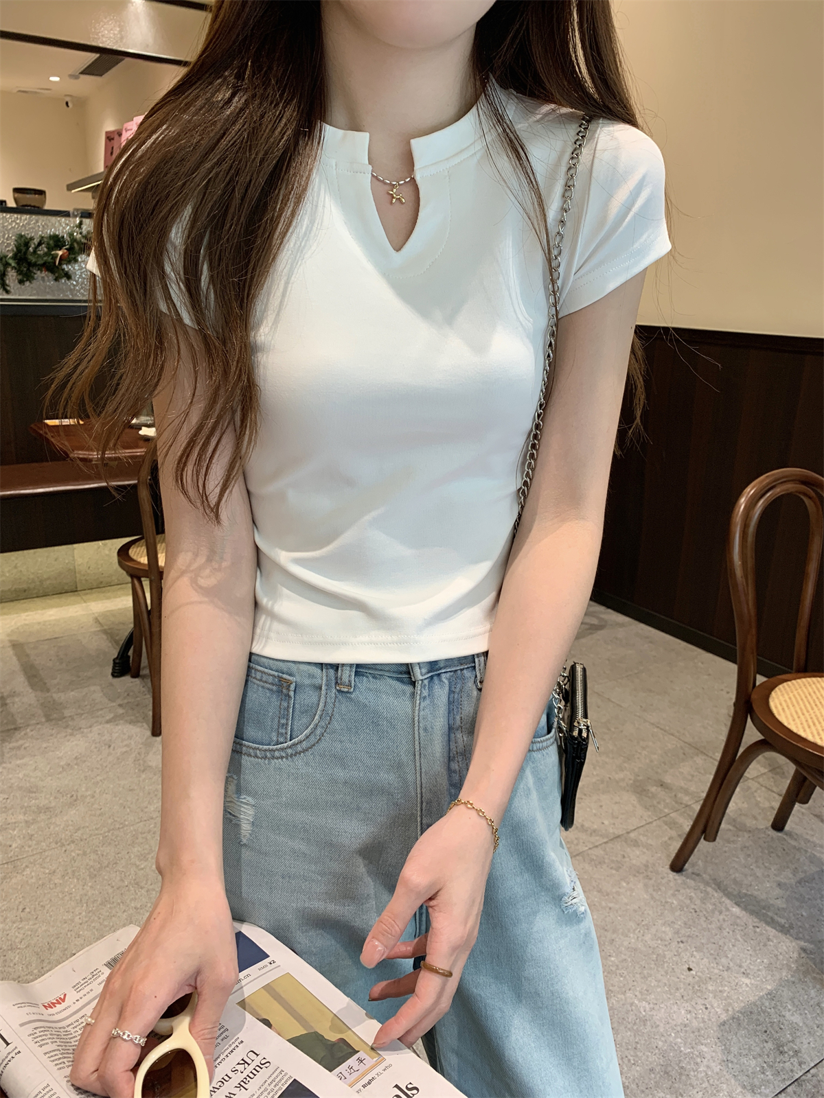 實拍 夏季韓版修身半開領正肩純色百搭純棉短袖T恤上衣女