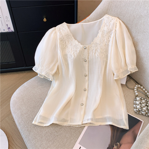 Real shot of fat girl plus size summer small fragrant style embroidered lace collar chiffon shirt imitation ice silk short-sleeved top fashionable small shirt