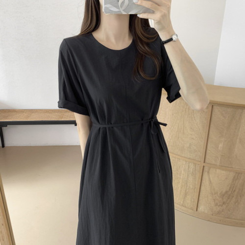 Korean chic summer simple round neck casual straight dress with belt