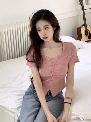 Real shot of original fabric short-sleeved T-shirt summer short irregular slit trendy shoulder slim V-neck solid color top