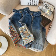 Real shot of American hot girl denim backless halterneck short vest for women's summer pure desire sexy zipper top