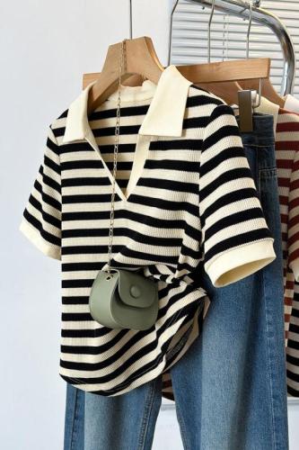 Actual shot of 2024 summer new style fat mm plus size women's Korean style striped v-neck polo ice silk sweater