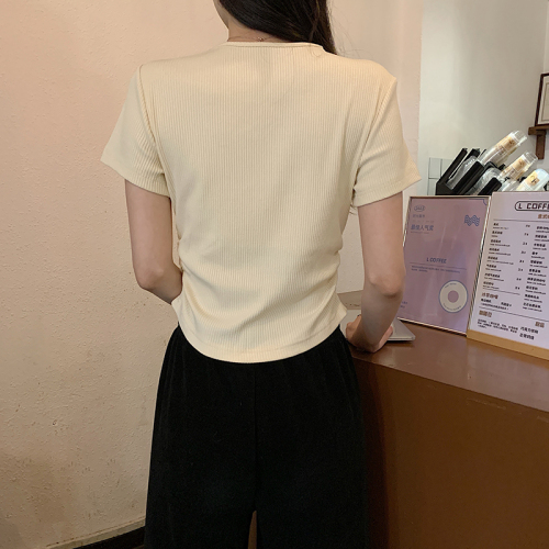 Actual shot of 260g striped short-sleeved T-shirt summer slim trendy hollow short style shoulder round neck solid color Korean style women's clothing