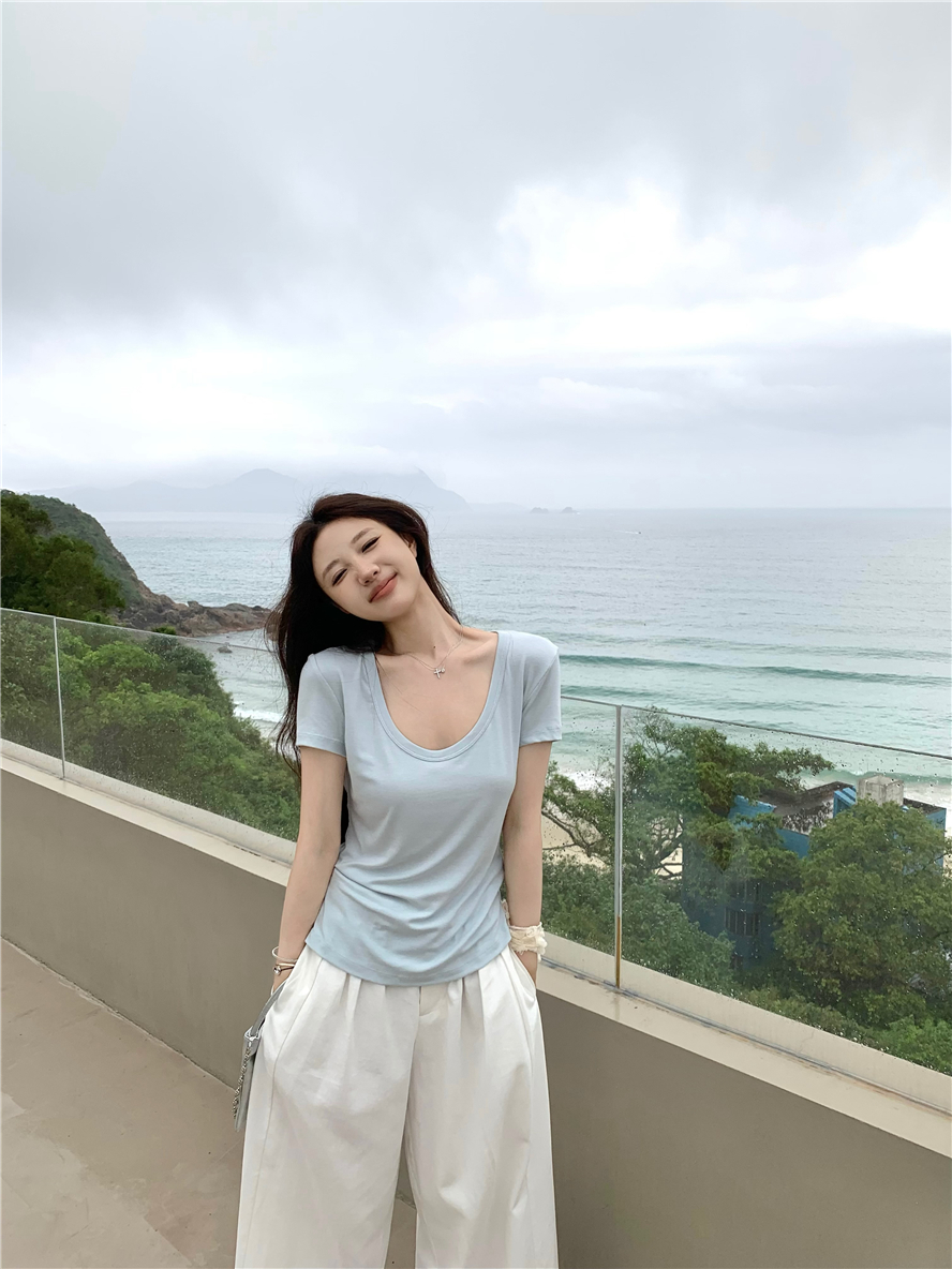 實拍 簡約百搭u領寬鬆T恤女夏季收腰顯瘦純色上衣潮