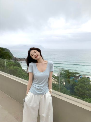 Real shot simple and versatile u-neck loose T-shirt women's summer waist-in slimming solid color top fashion 