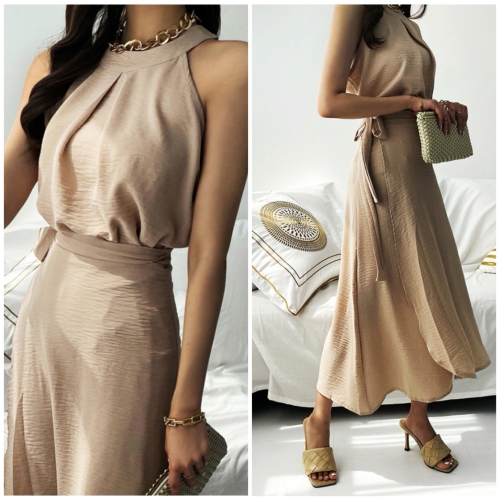 Summer new style sleeveless halterneck vest + wrap-style tie design half-length skirt two-piece set