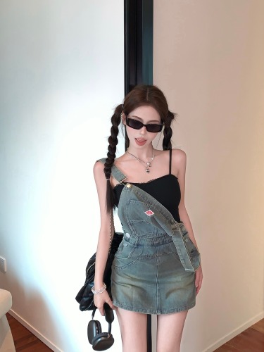 Real shot!  American Retro Denim Suspender Skirt Women's Summer New Sweet Cool Hot Girl Versatile Slim Dress