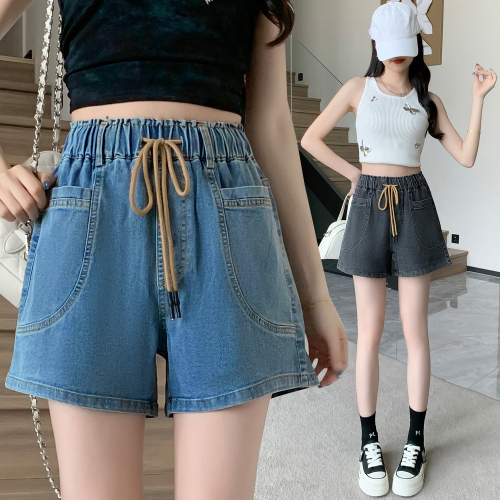 Actual shot of new summer style elastic waist Tencel large size denim shorts fat MM Korean version high waist wide leg casual elastic hot pants