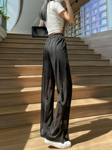 Ice silk wide-leg pants for women summer thin 2024 new loose air-conditioned pants slit casual pants mesh straight pants