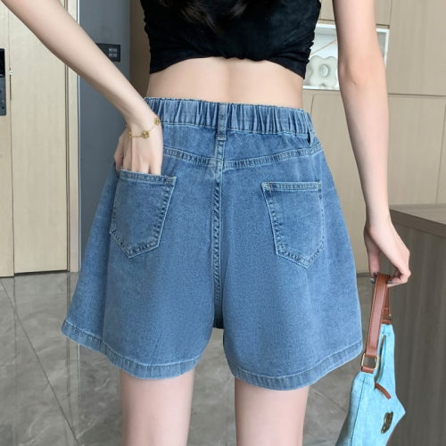 Actual shot of new summer large size high-waisted stretch denim shorts for fat girls, anti-exposure culottes, loose Korean style skirts