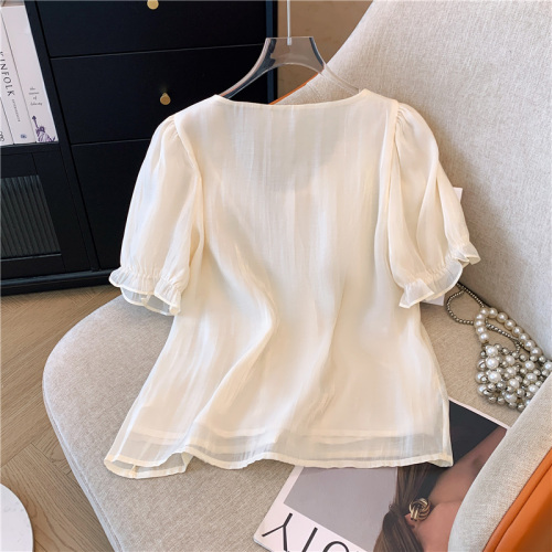 Real shot of fat girl plus size summer small fragrant style embroidered lace collar chiffon shirt imitation ice silk short-sleeved top fashionable small shirt