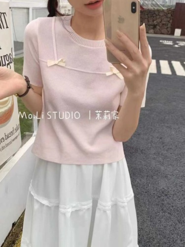 Sweet age-reducing round neck bow decorated fake two-piece short sleeves