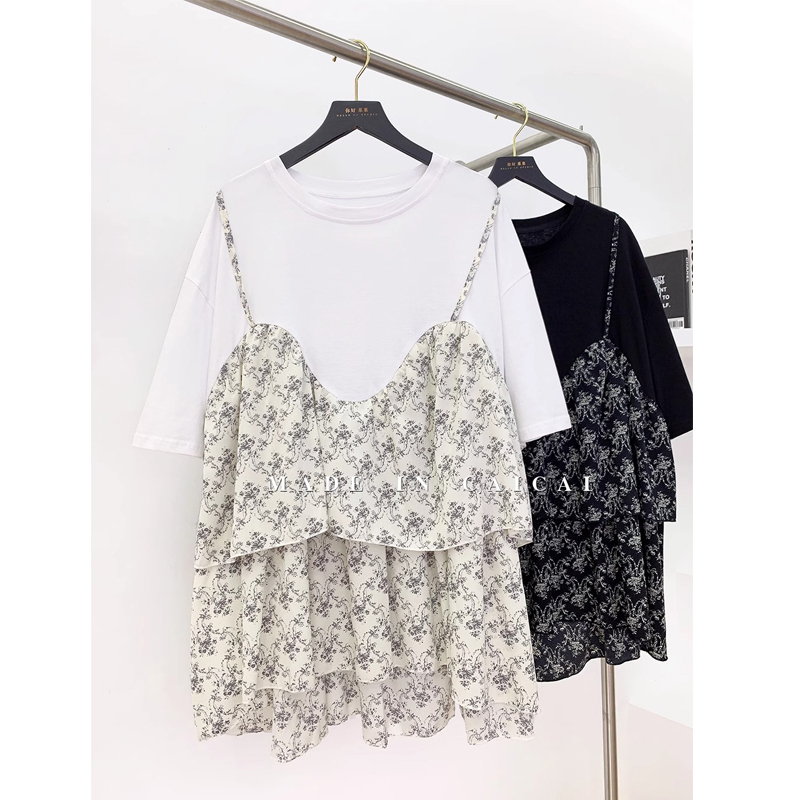 Original workmanship suspenders floral splicing T-shirt fake two-piece women's 2024 summer Korean style loose flesh-covering top