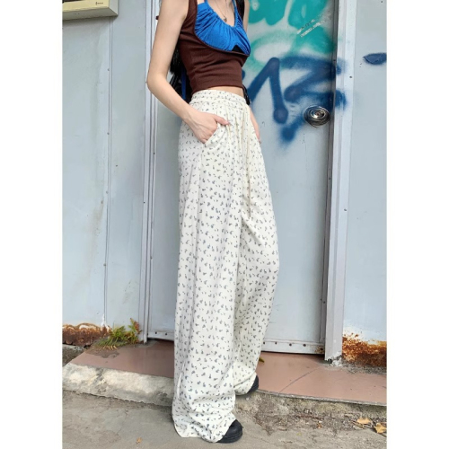 Retro floral wide-leg casual pants for women 2024 spring and summer new high-waisted loose drape lazy style versatile straight pants