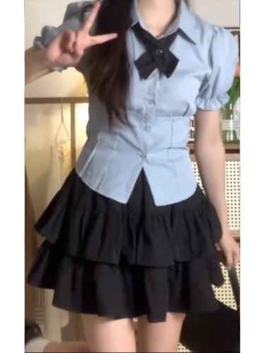 夏季JK日系制服衬衫女上衣+百搭高腰显瘦系带短裙蓬蓬裙