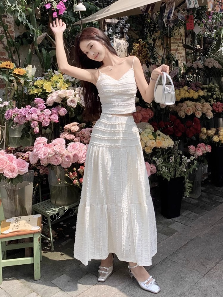 夏季新款兩件套氣質吊帶上衣小個子半身裙小香風夏天套裝女裝裙子