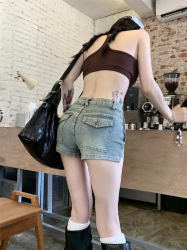 Side zipper design niche high-waisted retro denim shorts for women summer new hot girl tight hip a-line hot pants