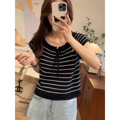 2024 new Korean summer lace soft and comfortable crochet drawstring bow knitted striped top for women