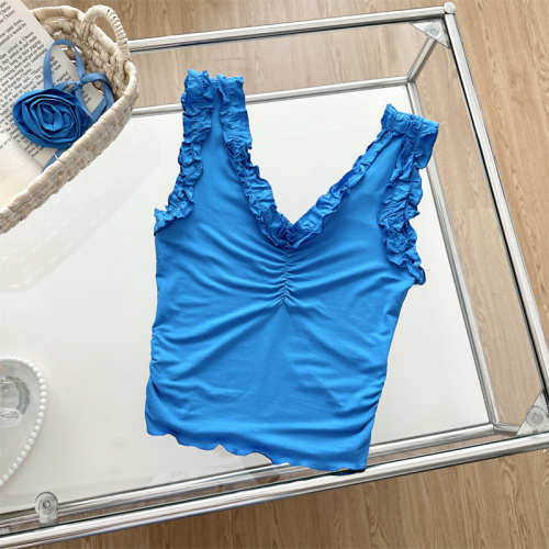 DULA Haohaojia hot girl sexy blue V-neck camisole women's ear-shaped tight outer top + flowers