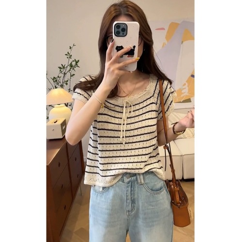 2024 new Korean summer lace soft and comfortable crochet drawstring bow knitted striped top for women