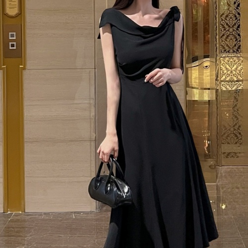 Korean chic French style one-line collar design with bow tie and high-end slimming long dress