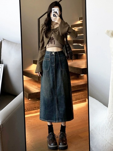 Retro high-waisted a-line denim skirt for women spring and summer new style mid-length small slit long skirt hip-covering skirt