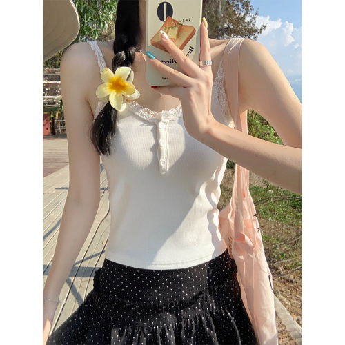 Real shot of sweet hottie pure desire sling female summer new outer wear lace slim sleeveless short top