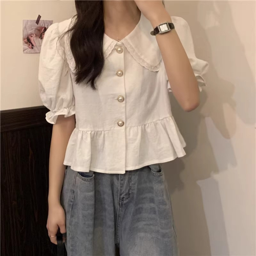 White lace doll collar shirt women's summer design niche short shirt French puff short-sleeved top