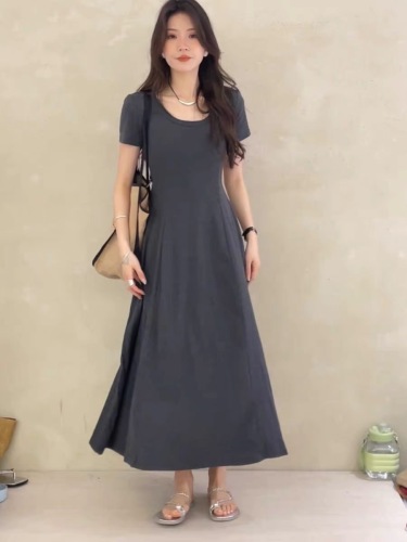 Korean style shoulder U-neck exposed waist belted pleated dress women's new summer loose slimming short-sleeved casual long dress