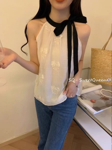 SQ French temperament light jacquard contrast color bow tie vest top women 2024 summer new style