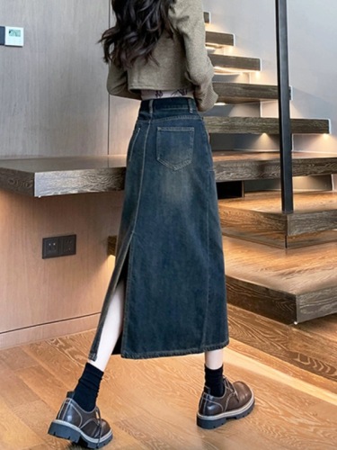 Retro high-waisted a-line denim skirt for women spring and summer new style mid-length small slit long skirt hip-covering skirt