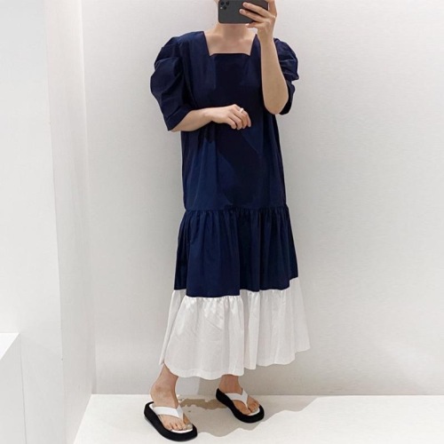 Korean chic French retro square collar contrasting color splicing hem design loose puff sleeve dress long skirt for women