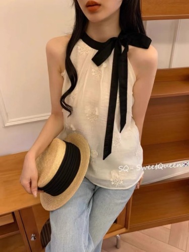 SQ French temperament light jacquard contrast color bow tie vest top women 2024 summer new style