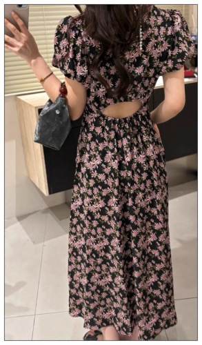 Shenzhen Nanyou European goods 2024 summer new arrival puff sleeve floral floral back hollow side zipper waist slimming dress