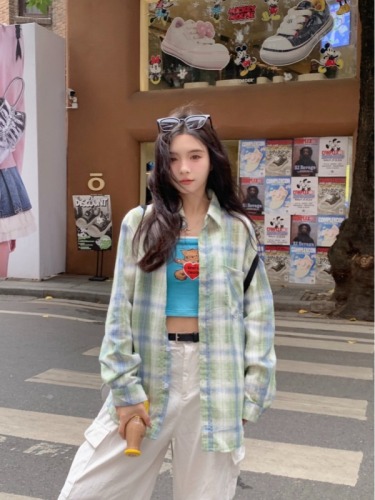 Korean casual lazy style thin long-sleeved plaid shirt for women 2024 summer loose shirt sun protection jacket ins