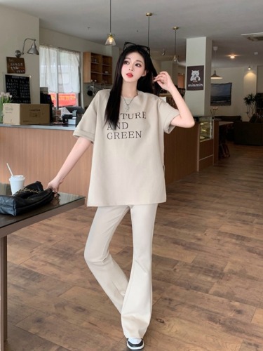 Actual shot of 2024 summer new style fat mm plus size women's fashion casual letter printed short-sleeved bootcut pants suit