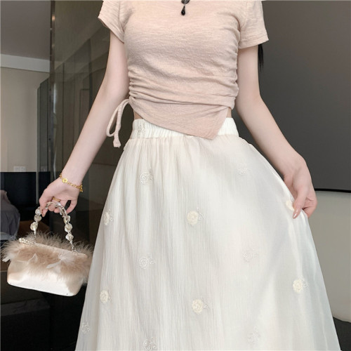 Real shot embroidered gauze skirt women's high waist mid-length slim a-line cake skirt